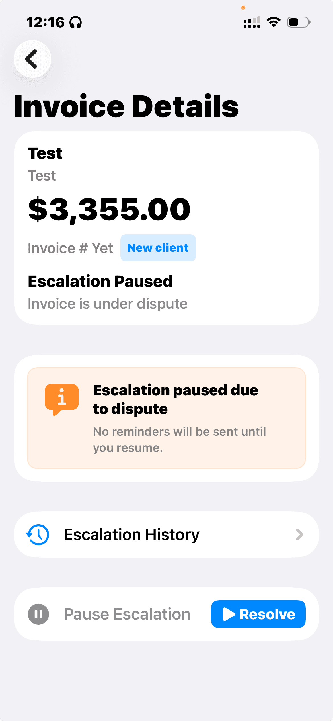 Duesteer Invoice Details screen showing escalation paused because the invoice is under dispute