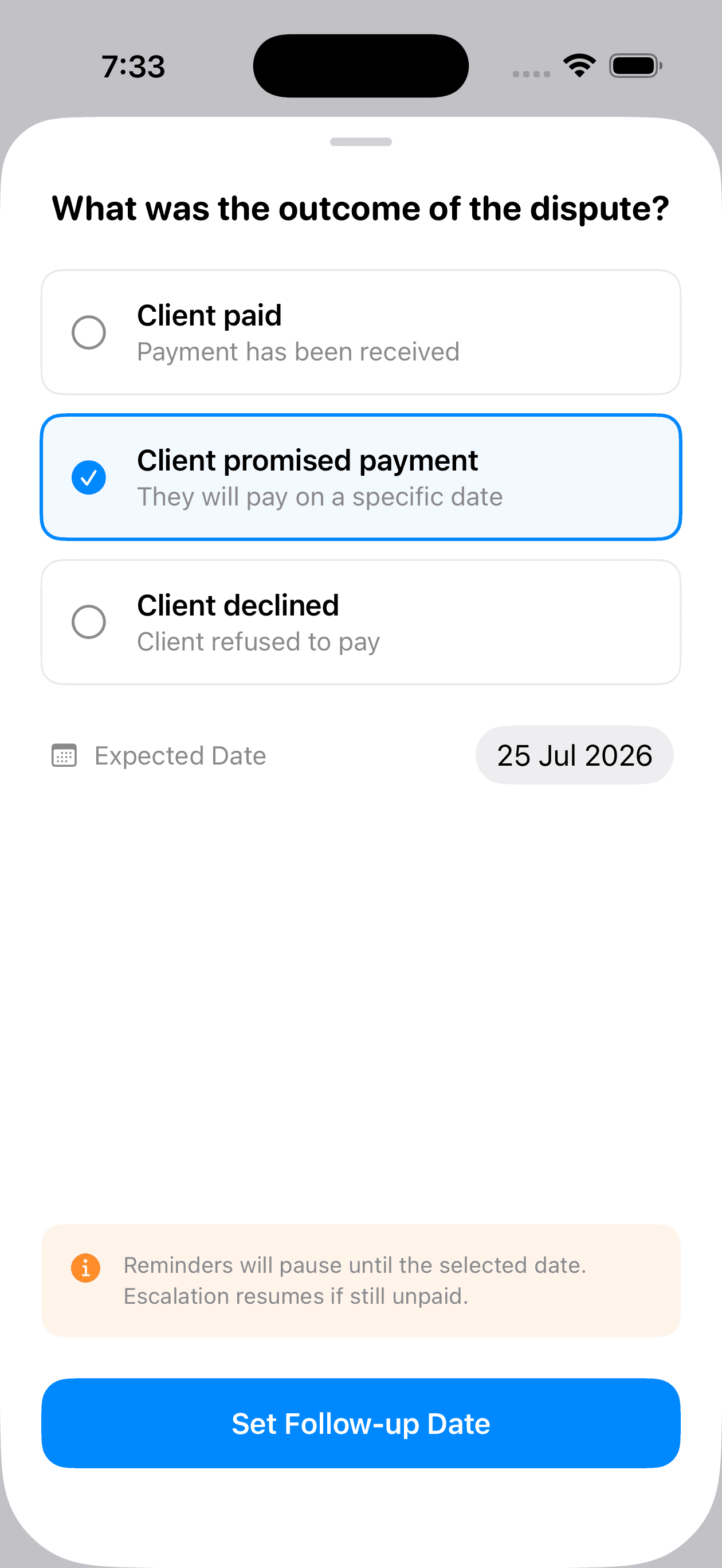 Duesteer screen for resolving an invoice dispute and continuing the invoice recovery process