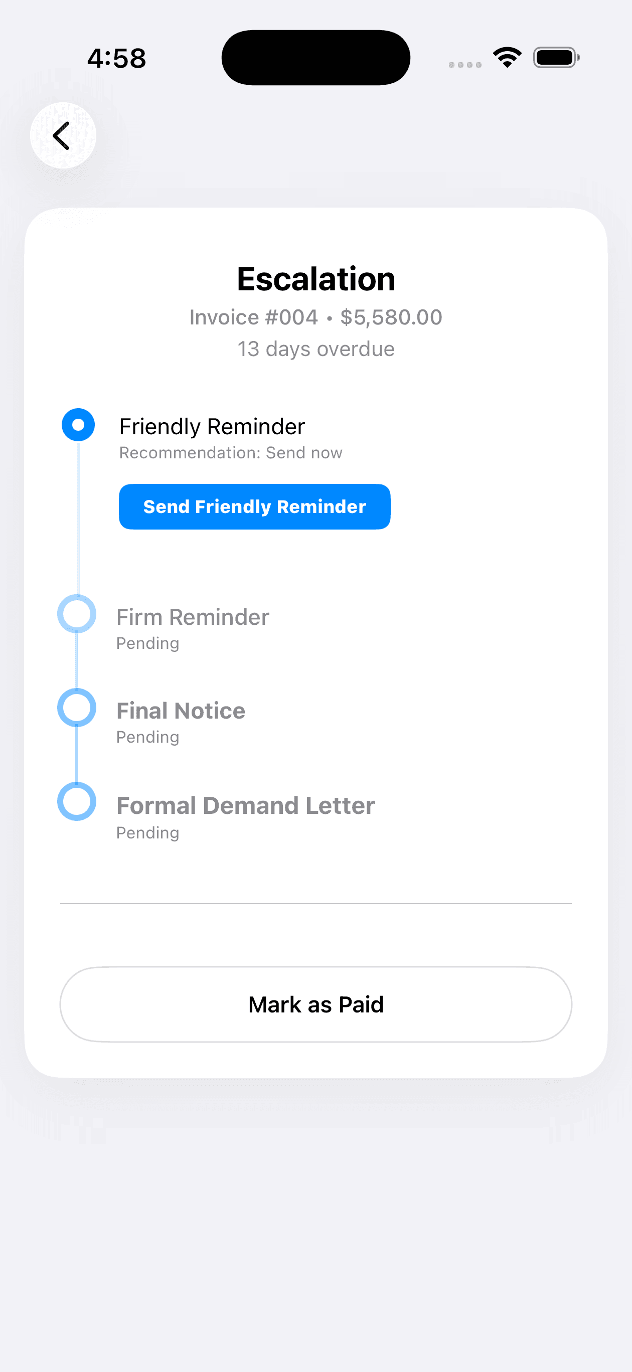 Duesteer escalation screen showing the recovery stages from friendly reminder through firm reminder, final notice and formal demand letter