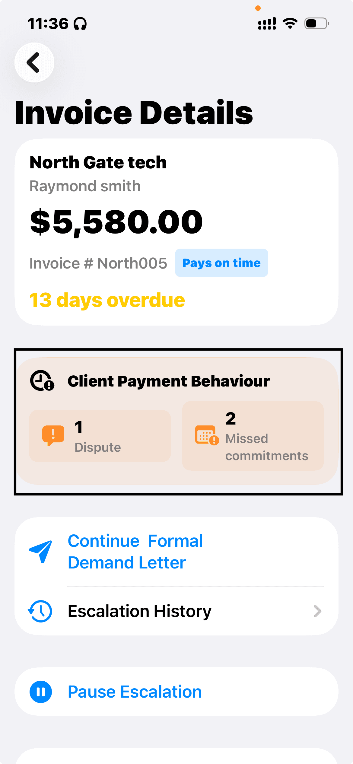 Duesteer invoice detail screen showing an overdue amount, client payment behaviour, the next escalation action, and a pause escalation control