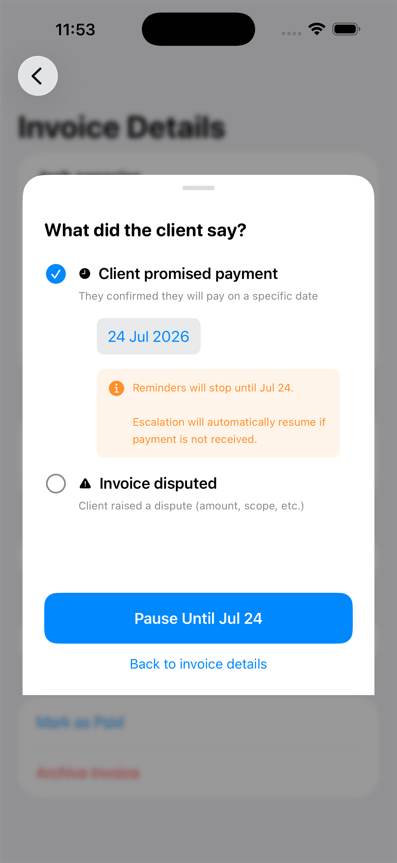 Duesteer payment promise logged on an invoice