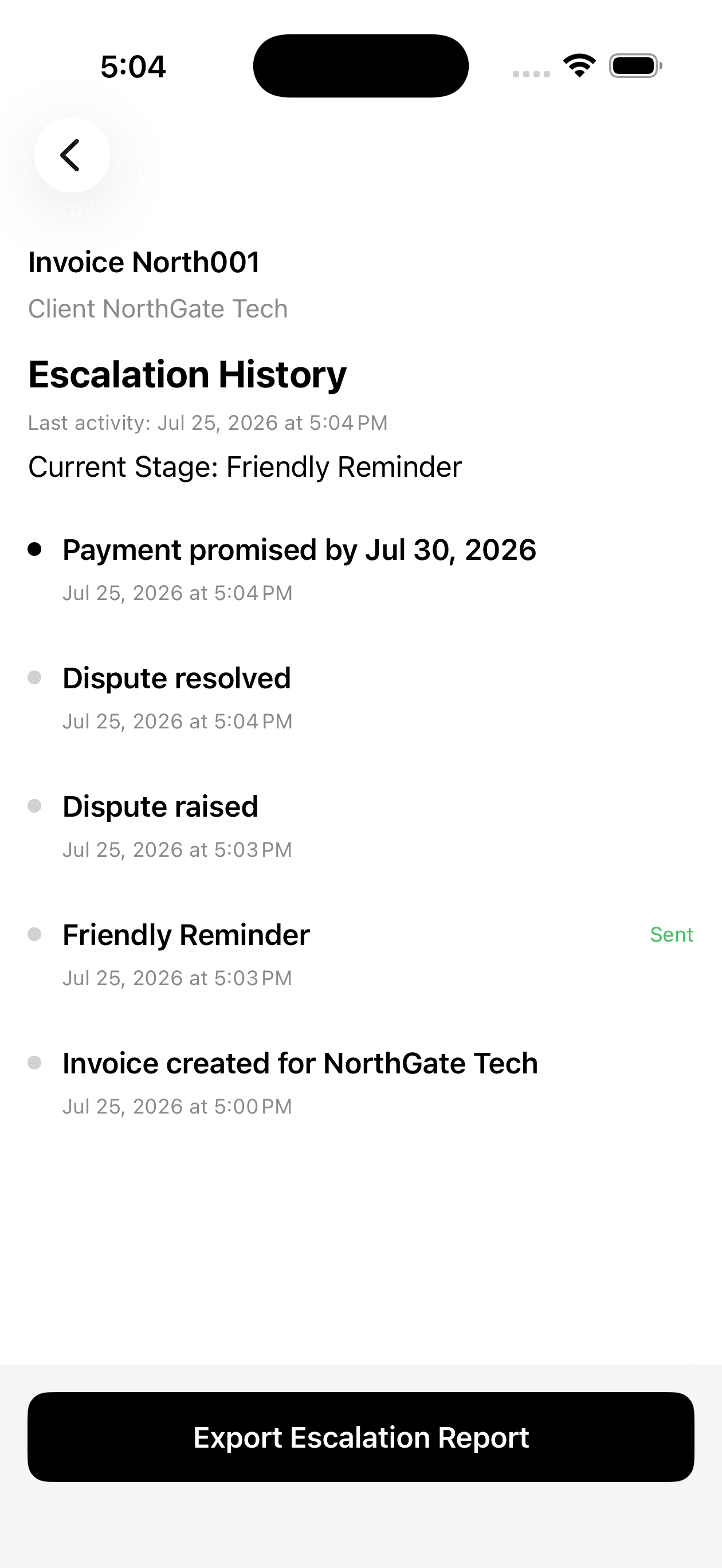 Duesteer recovery history timeline for an invoice